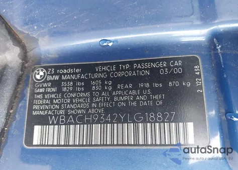 2000 BMW Z3 2.3 z USA, uszkodzony, nr VIN WBACH9342YLG18827